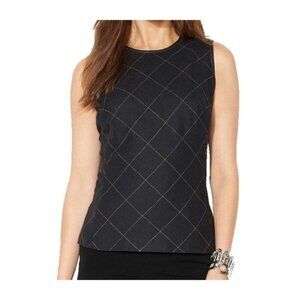 Lauren Ralph Lauren Black Wool Windowpane Plaid Leather‎ Trim Sleeveless Top 14